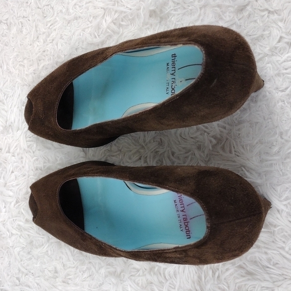 Thierry Rabotin Vintage Brown Suede Leather Almond Peep Toe Blocked Heel Shoe - Picture 5 of 15